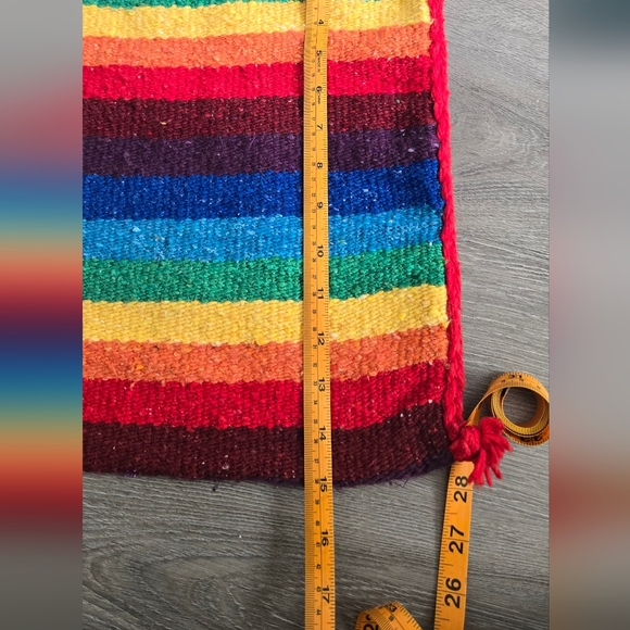 Woven rainbow satchel with a red strap and trim. - Picture 7 of 8